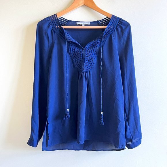 Anthropologie Danielrainn Blue Women's Printed Peasant Top Blouse Long Sleeve PS - Picture 1 of 4